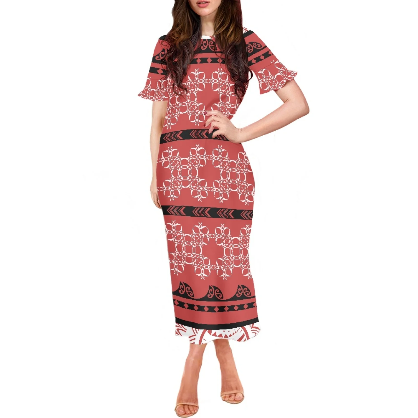 

Hawaiian StyleTight And Sexy Women's Party Dress Summer Samoan Tribal Clothing Short Ruffle Sleeve O-Neck Fashion Long Dress