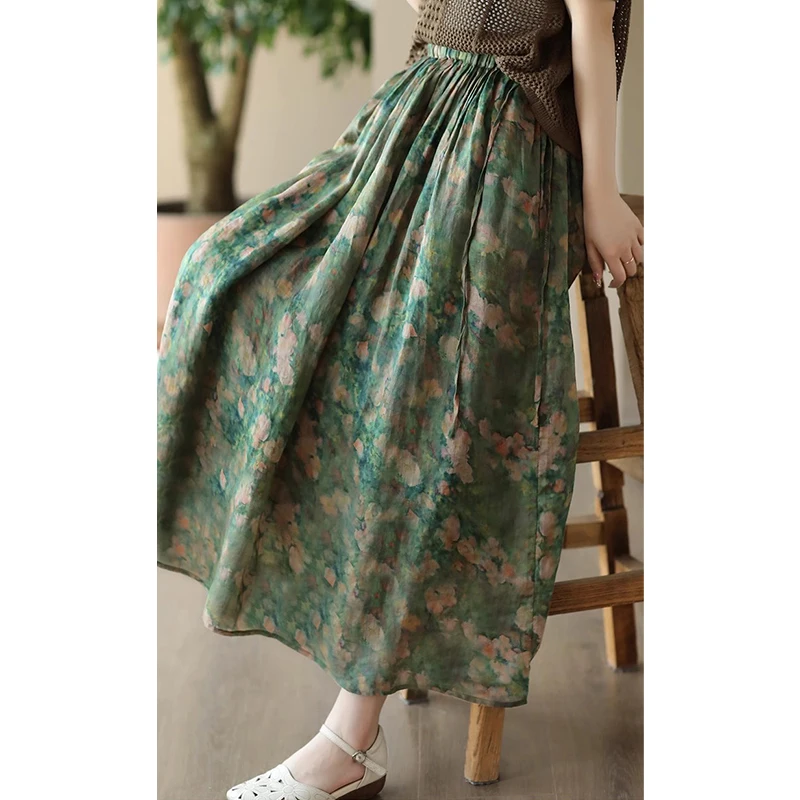جديد وصول الربيع/الصيف الفنون نمط المرأة فضفاضة عادية الأزهار طباعة ألف خط منتصف العجل تنورة نوعية جيدة القطن الكتان التنانير Y326 #3