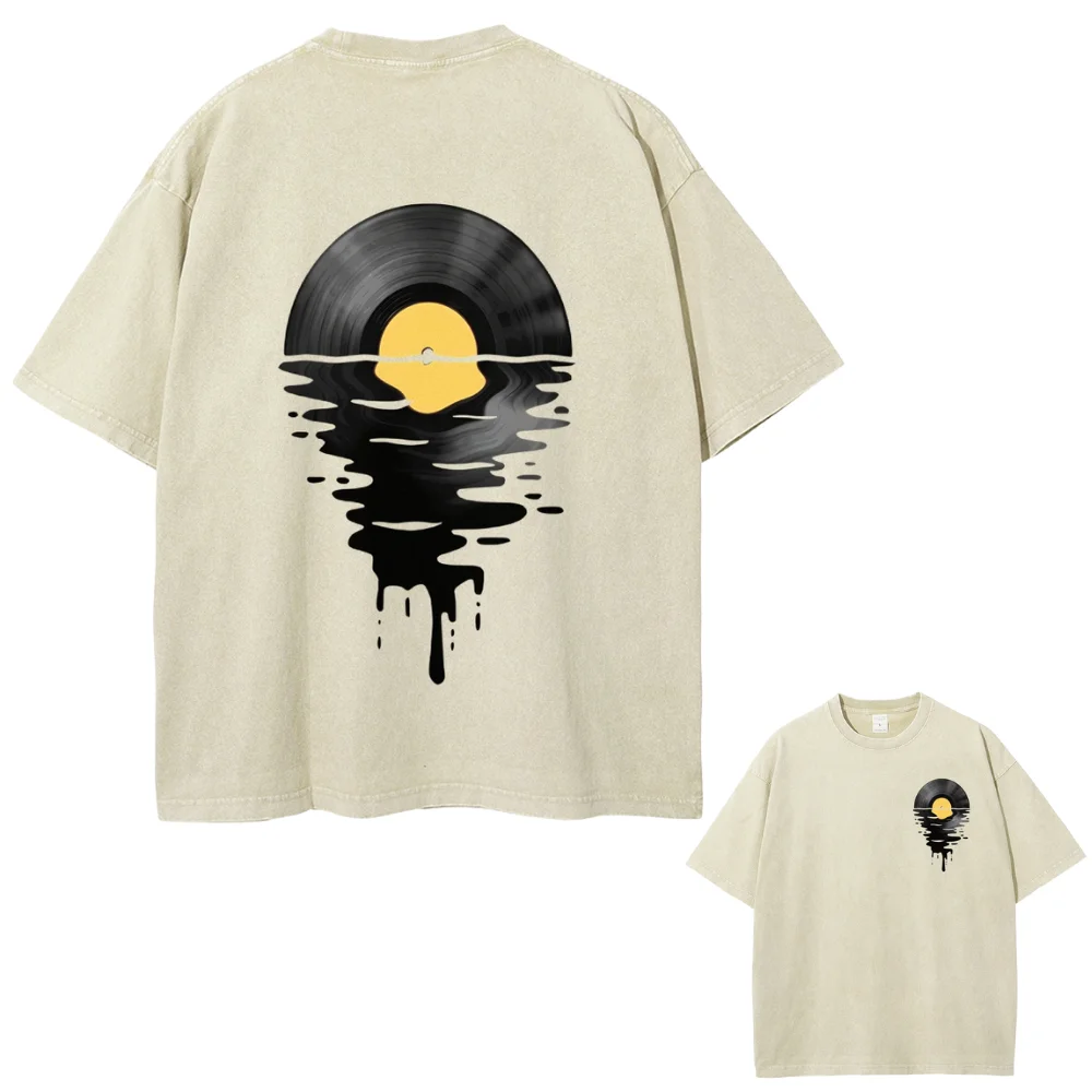Vinyl Record Art Tee：Vintage - Washed Tee With Melting Vinyl Graphic. Music - Lover’s Pick, Unique & Stylish.