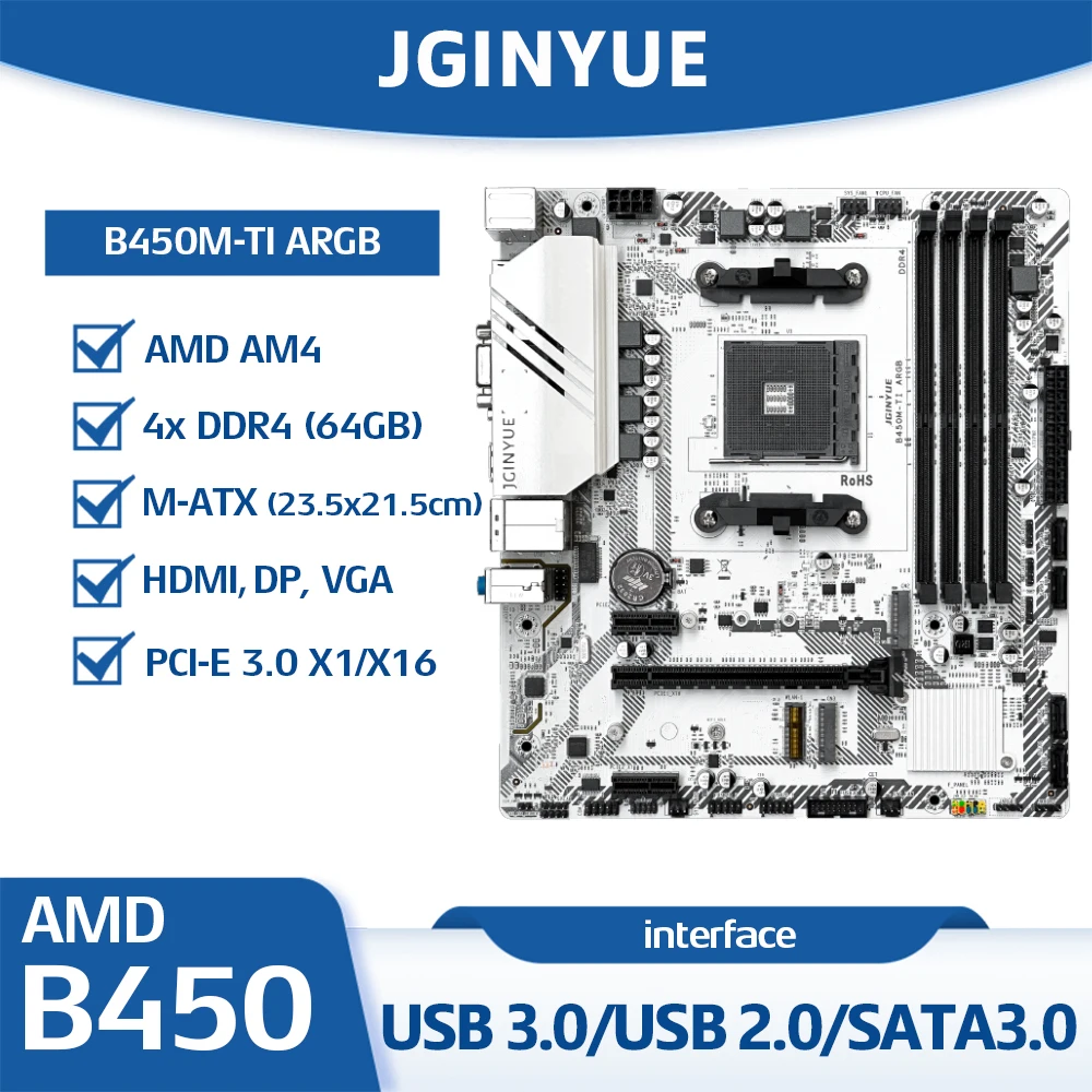 B450M TI AM4 Motherboard 4xDDR4 Slots Max 64G, AMD Ryzen 1000/2000/3000/4000/5000, 4xSATA3.0 6Gbps,  2xM.2 NVME, PCI-E 3.0 X16