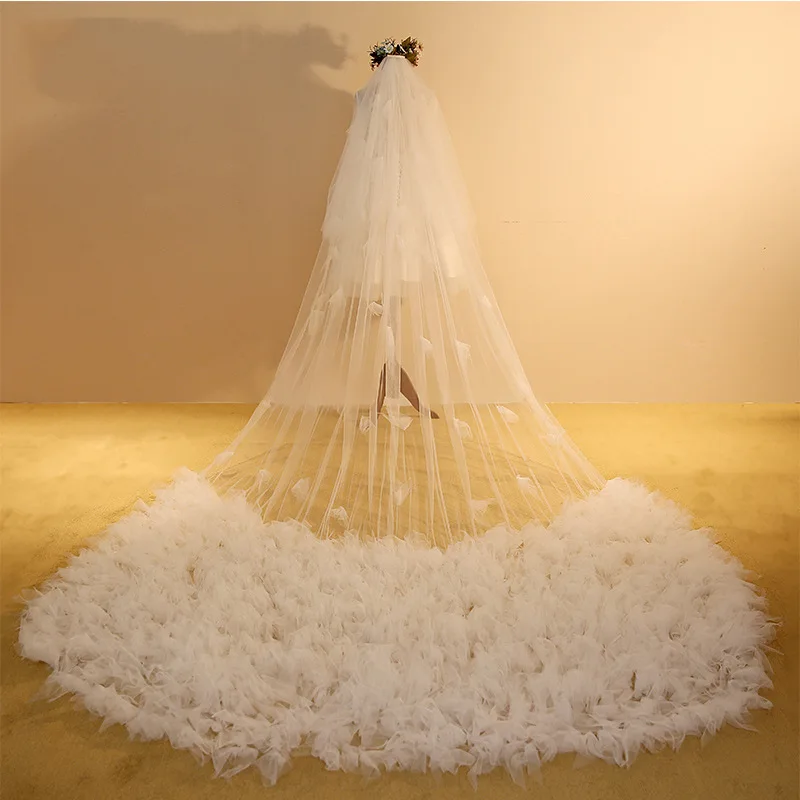 1 Tier Bridal Veil Ivory White Pearls Petal 3D Floral Wedding Veil Long Floral Mantilla Embroidery Veil Chapel Fingertip