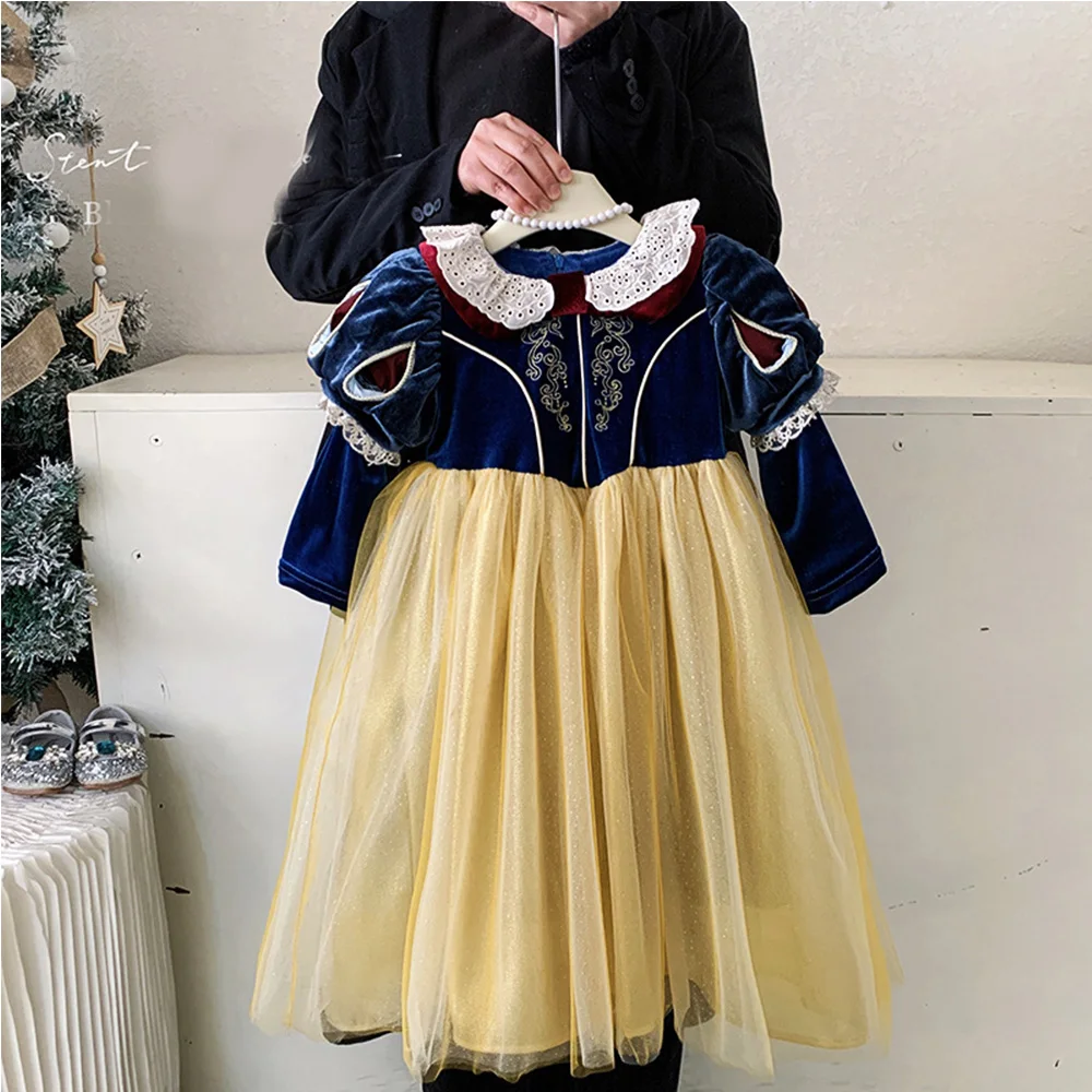 Navy Blue Princess Dress for Baby Girl Christmas Fancy Birthday Party Prom Dress One-piece Velvet Vestidos Mesh Patchwork Dress