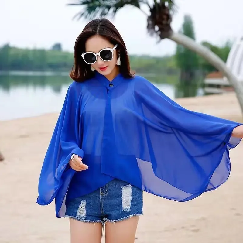 

2024 Summer Women Cycling Driving Sleeve UV Proof Korean Chiffon Sunscreen Sunshade Lady Shawl Cloak Poncho Capes Sapphire Blue