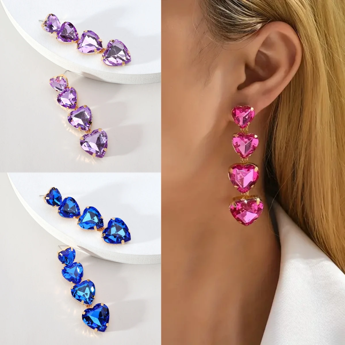 2024 Trend Fashion Jewelry Wholesale Long Purple Hot Pink Red Fuchsia Gemstone Crystal Rhinestone Heart Earrings for Women