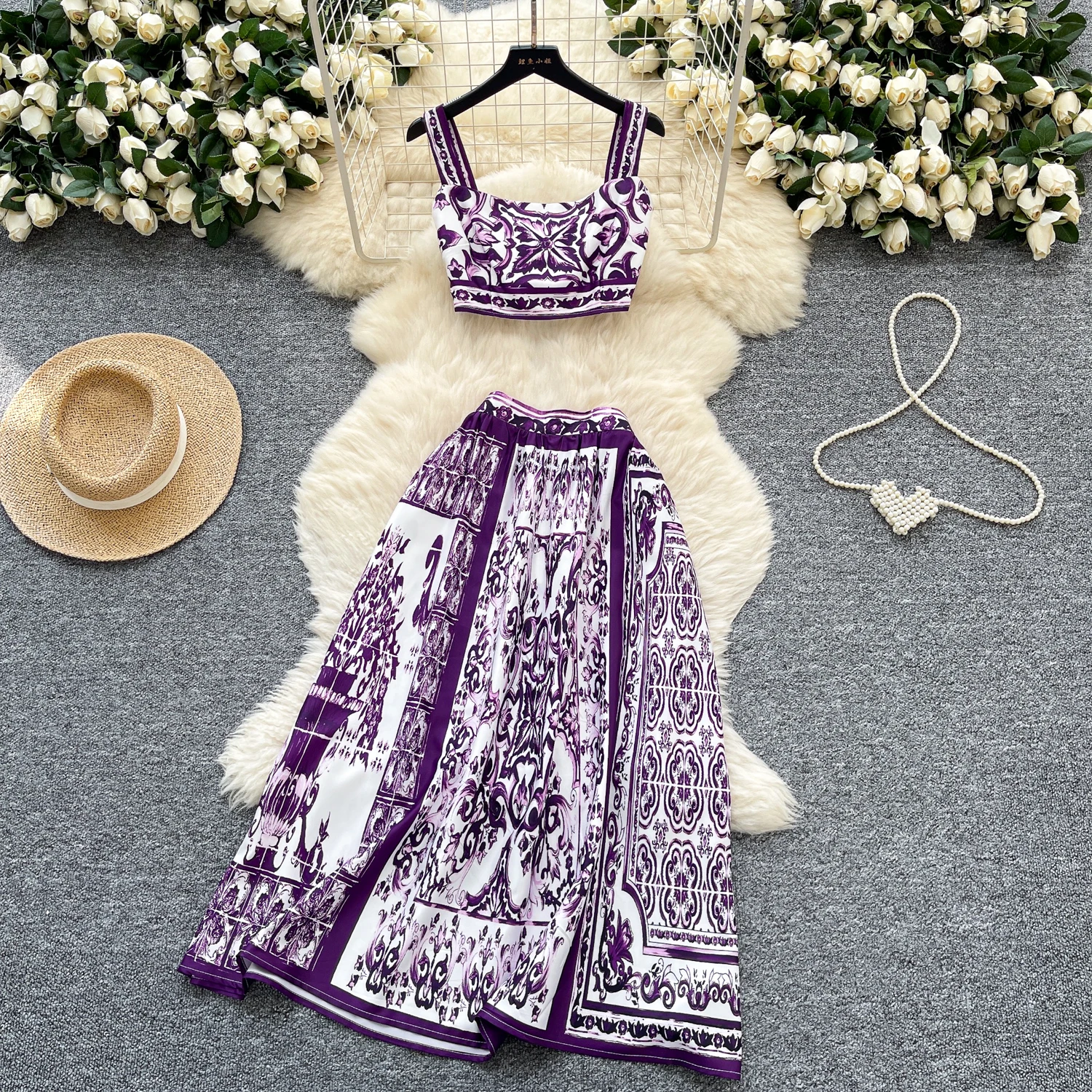 

Chic vintage print Elegant Fairy korean fashion Boho Sundress women clothing Beach dresses Two Piece Set