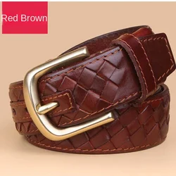 Belt men's copper buckle genuine leather woven belt top layer cowhide handmade belt men's youth needle buckle personalized