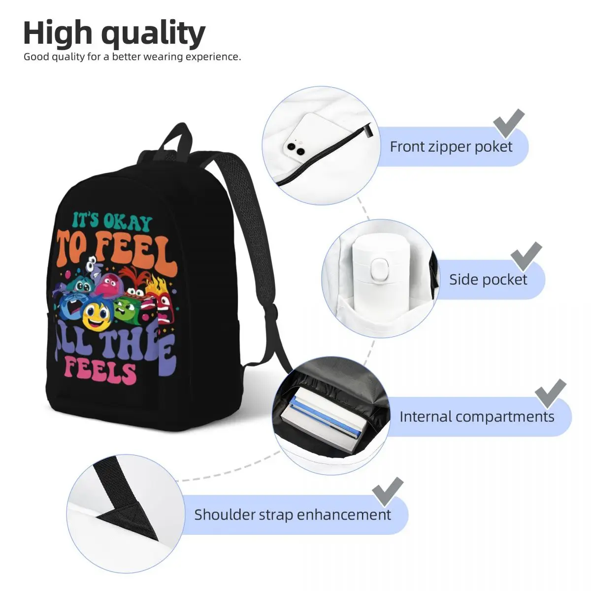 It's Okay To Feel All The Feels Backpack Lovely Inside Out 2 Character Student Schoolbag Teenage Bagpack