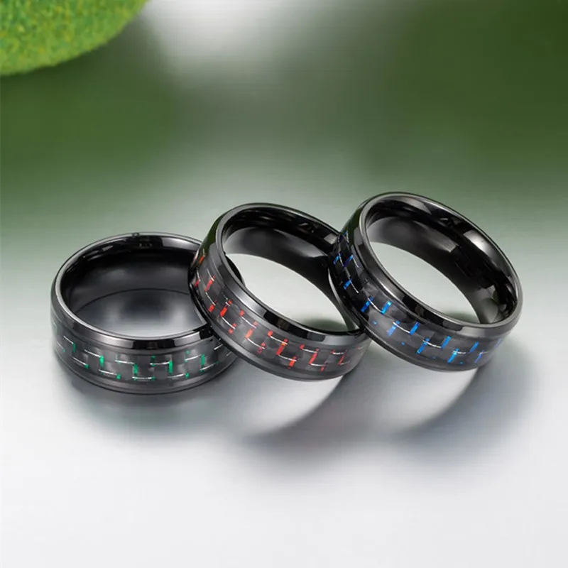8mm Stainless Steel Blue/Green/Red Carbon Fiber Ring Wedding Band for Men Women Size 6-13