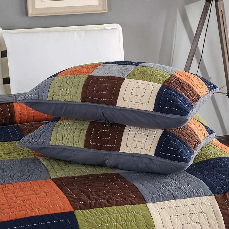 Handmade Patchwork Plaid Quilt Set 3-Pieces King Size 100% Cotton Breathable Bedspread for Bed All Season Home Decor Coverlet 4
