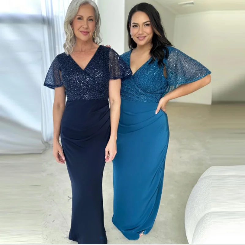 

Индивидуальные платья русалки для матери невесты с блестками и v-образным вырезом длиной до пола, простые свадебные платья с открытой спиной и рукавами-хафами