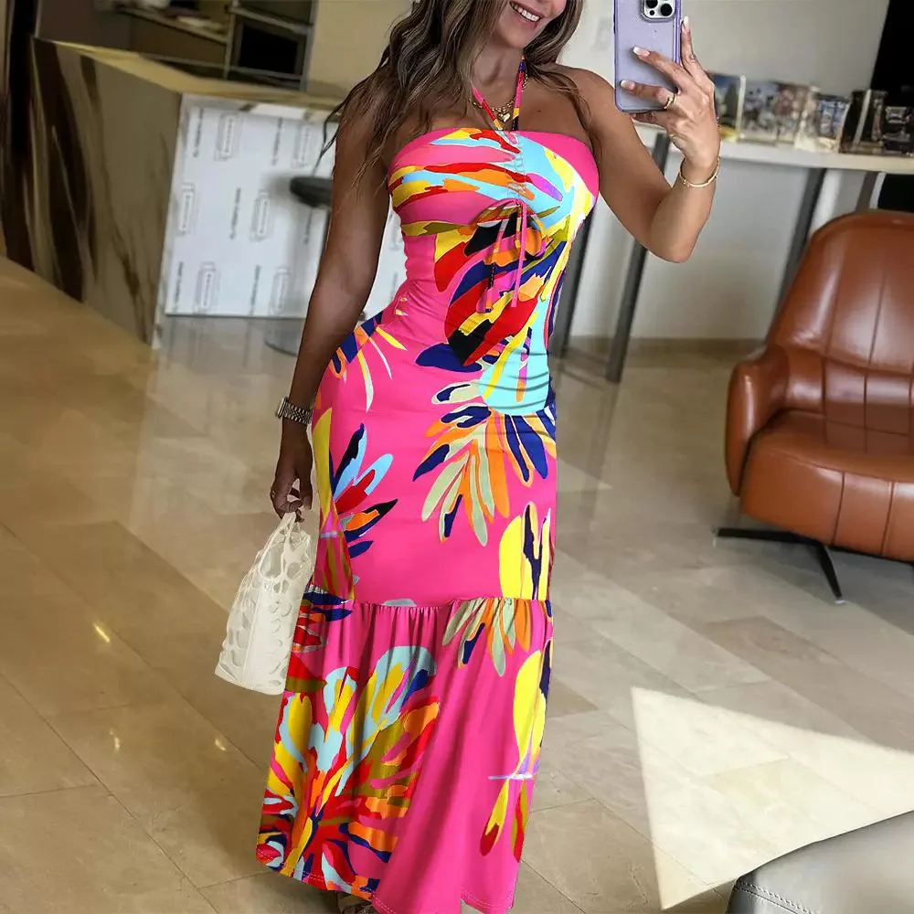 

Tropical Print Halter Drawstring Maxi Dress Sleeveless Women Summer Sexy High Waist Floral Flower Dress