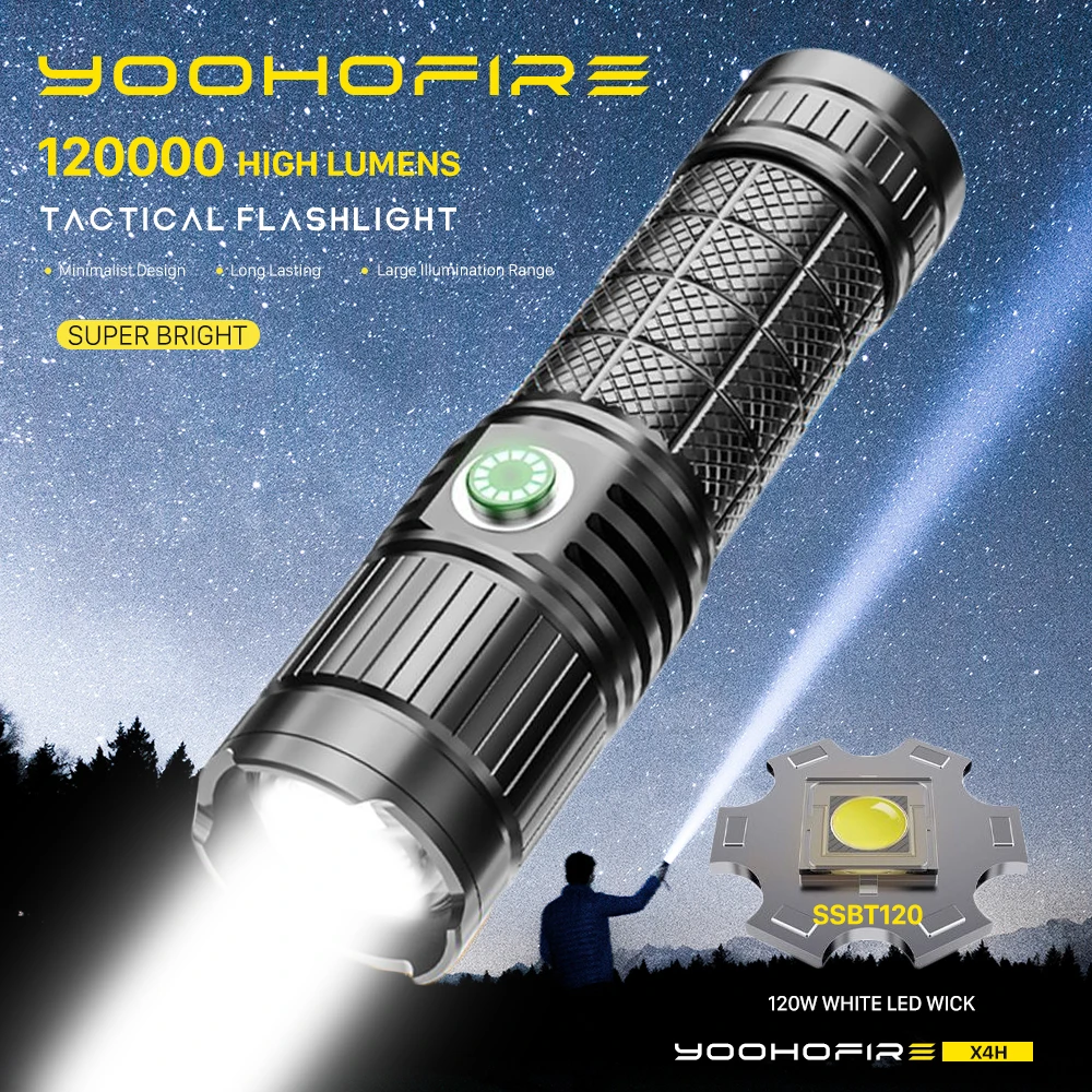 Torce ricaricabili LED Usb 120000 High lumen 26650 batteria potente lanterna per il campeggio Outdoor YoohoFire X4H torcia luce