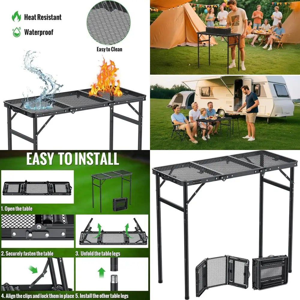 

Portable Folding Camping Table with Adjustable Height, Heat-Resistant Surface, Suitable for BBQ and Picnics, 35.4L x 15.7W, Blac
