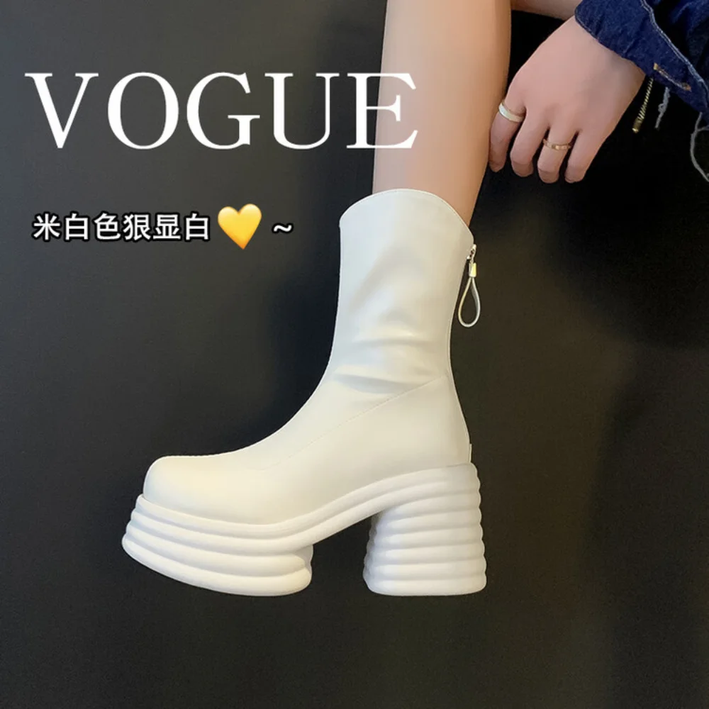 White Pink Short Boots Women Genuine Leather Platform Chunky Heel Ankle Boots Fashion Gothic Style Modern Boots High Heels Shoes