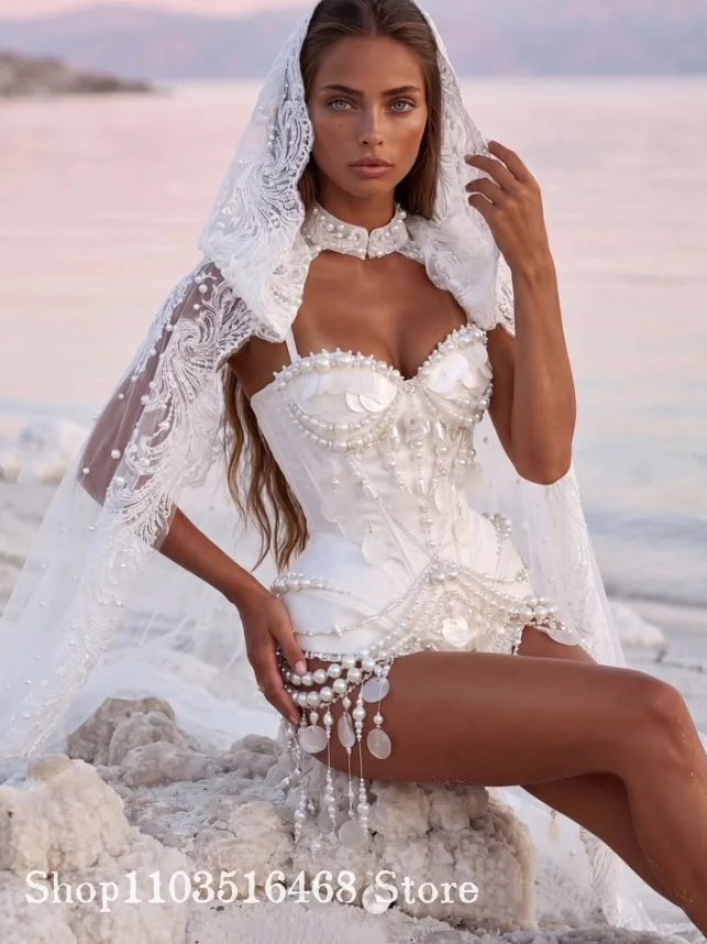 Customized White Pearl Bohemian Wedding Dress Lace Strapless Short Beach Wedding Dress Beach Photo Shoot Lightweight Wedding Dre