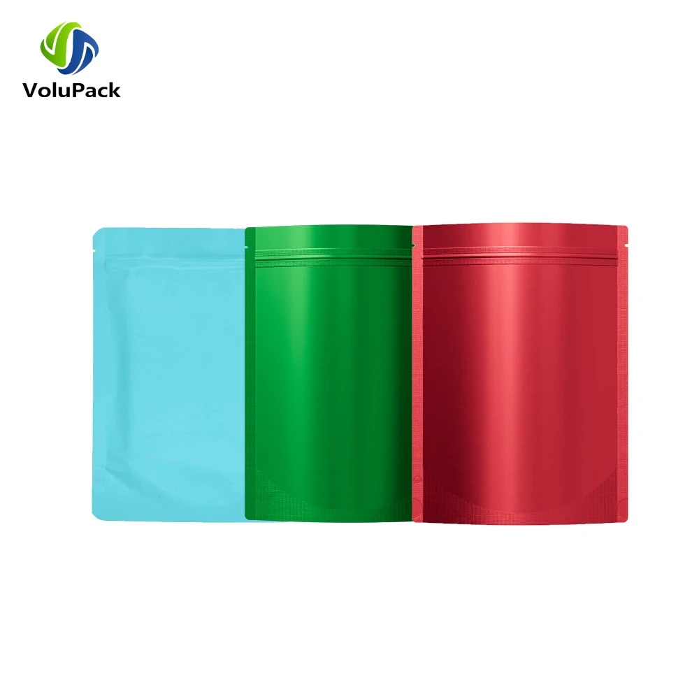 100pcs Aluminum Foil Matte Red Green Blue Stand Up Pouches Reusable Smeel Proof Snacks Sachet Heat Sealing Zip Lock Mylar Bags