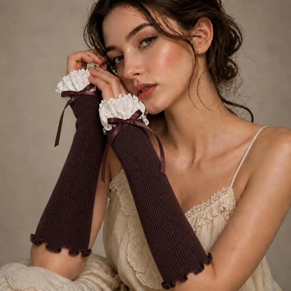 1 Pair 30cm Fingerless Arm Sleeves Elastic Ruffle Cuff Long Length Ruffle Sleeves For Women Fingerless Design Sun Protection