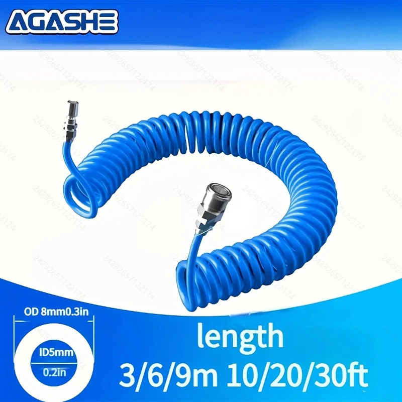 AGASHE 1Pcs Blue 3/6/9M Pneumatic PU Spiral Air Hose with Swivel Fittings, 10/20/30Ft, for Air Tools, Car Tire Inflator. Flexibl