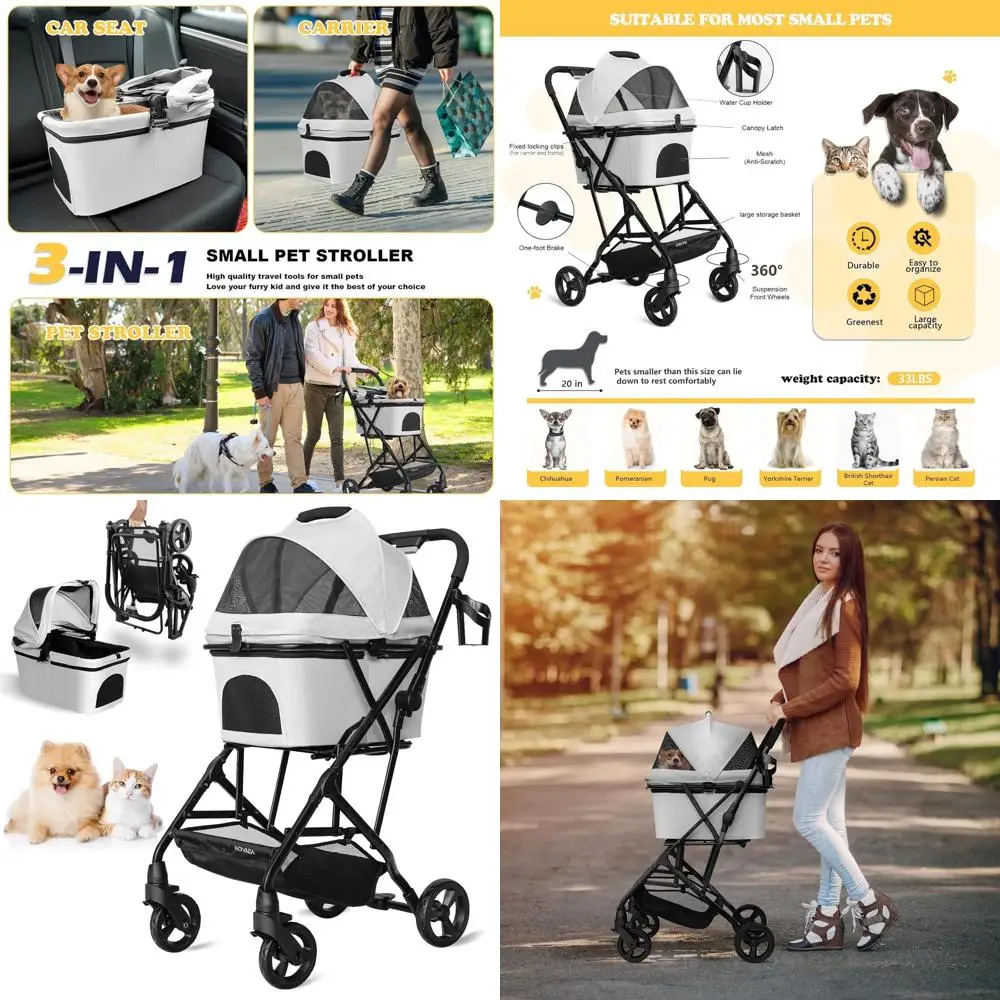 

Легкая складная коляска 3-в-1 для маленьких собак и кошек до 33 фунта, съемная переноска и корзина для хранения — серая