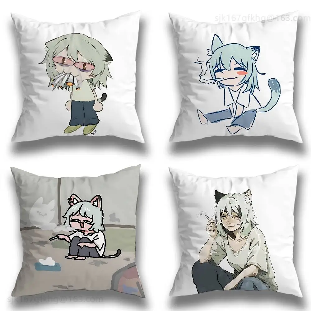 Chainsmoker Cat Anime Pillow Case Sofa Living Room Bedroom Headboard Backrest Cushion Square Cushion Nap Time