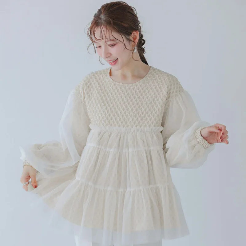 

Splicing Mesh Causal Sweet Doll Shirt Women's Top