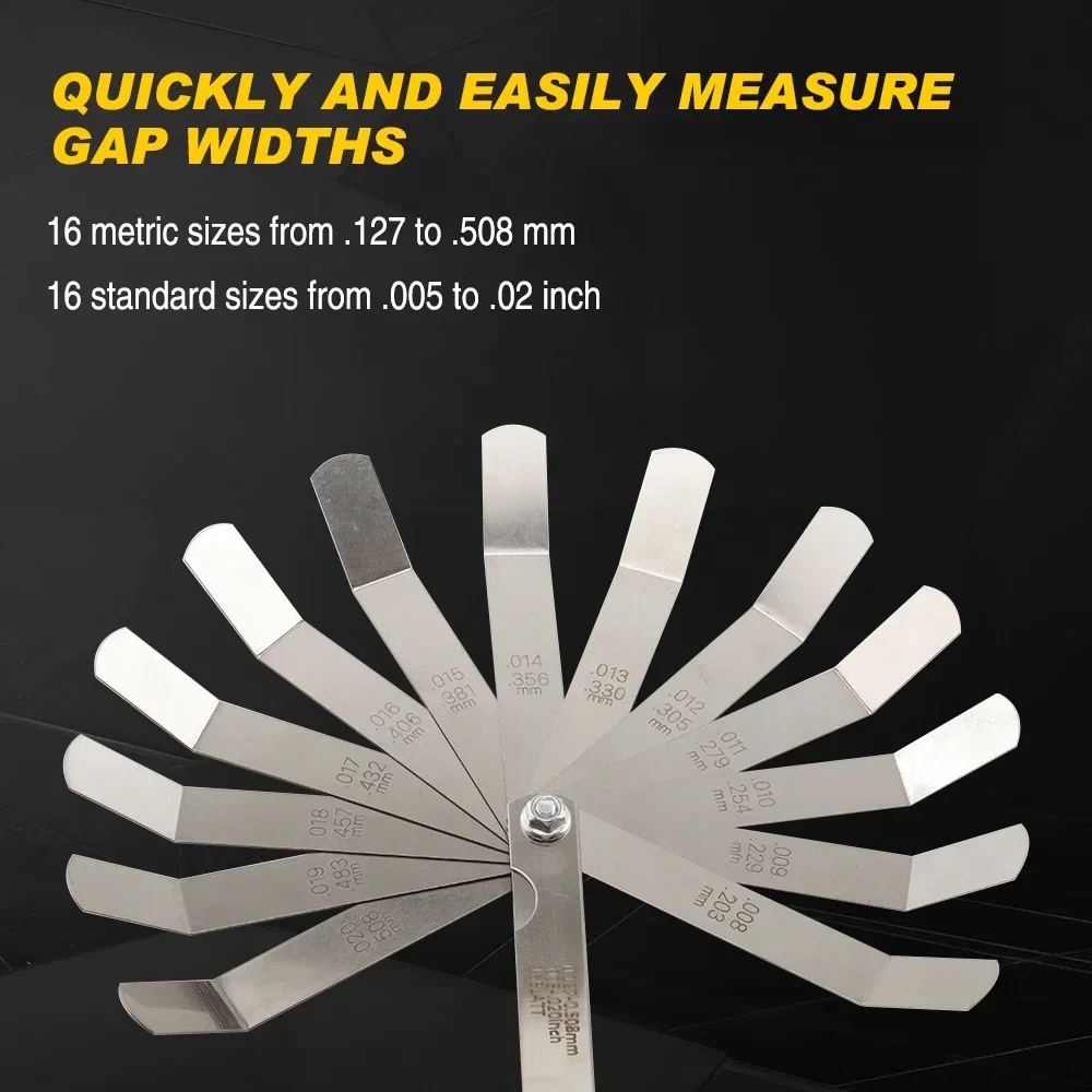 Stainless Steel Curved Feeler Gauge Set 16 Blades 0.127 to 0.508mm Metric & Imperial Size Thickness Width Measuring Tool