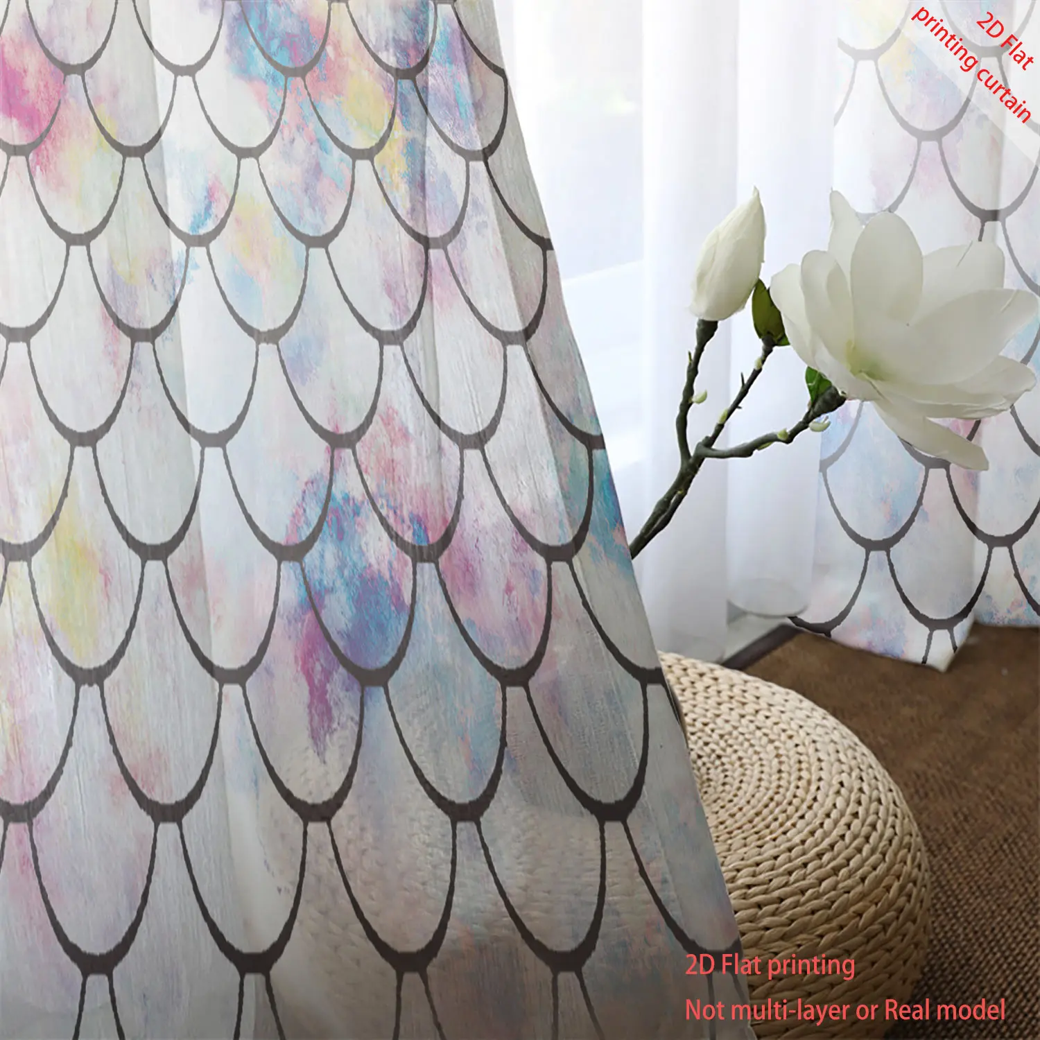 Fish scale pattern 2D flat printing transparent gauze curtain, aesthetic home decoration, bedroom, living room and kitchen