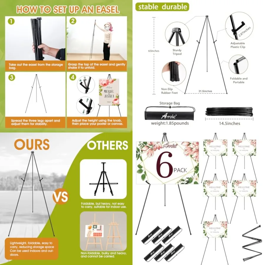 

63 Easel Stand for Display, 6 Pack Portable Foldable Metal Easel, Easels for Signs Wedding Logos, Arts, Painting, Adjustable Fl