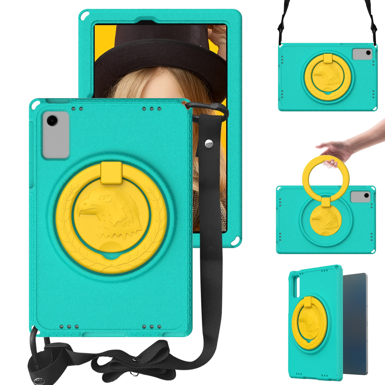 

For Samsung Galaxy Tab A9+ Eagle Pattern Case Rotating Grip Handle Kickstand Cover with Shoulder Strap - Light Green