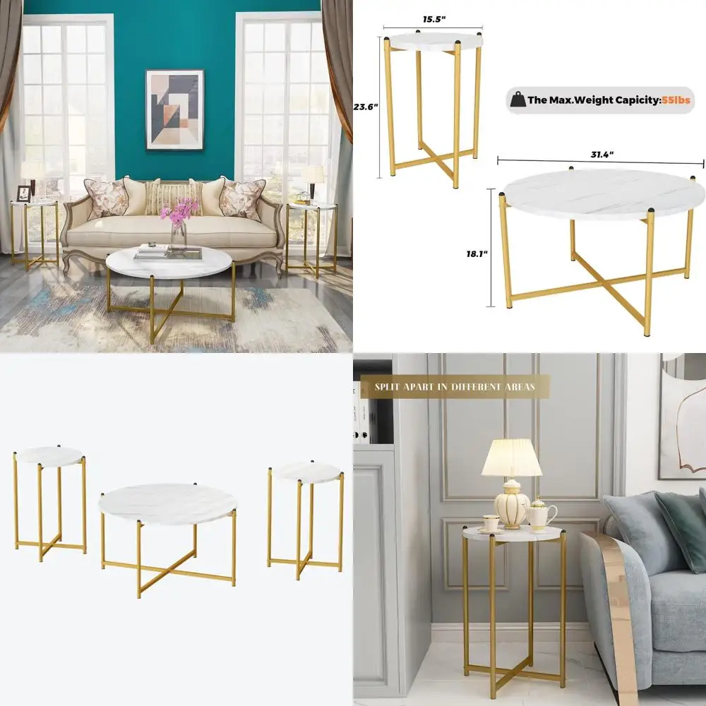 

Faux Marble Coffee Table Set - 3 Piece, Including 1 Coffee Table and 2 Sofa Tables, Round Tops, Metal Frame, Ideal for Living Ro