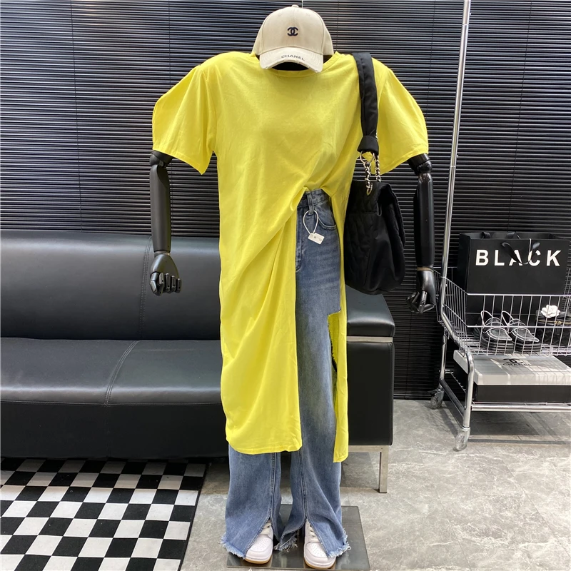 New 2022 fashion Designer new style Personalized Side fork Solid color Women T-shirt Shoulder pad Loose Medium and long-term Top