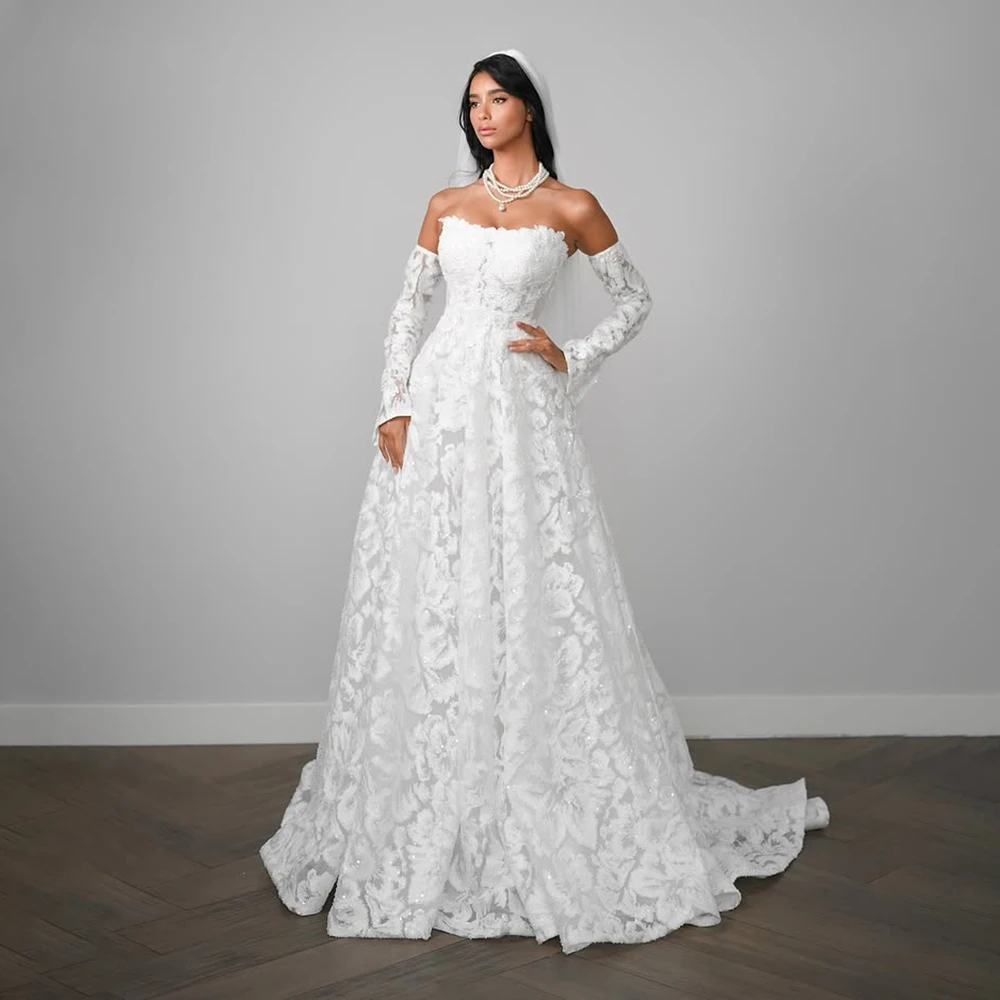 

Fashion Sweetheart Wedding Dress For Bride Lace A-line Bridal Gowns Long Sleeve Customized Evening Gowns For Wedding 2026