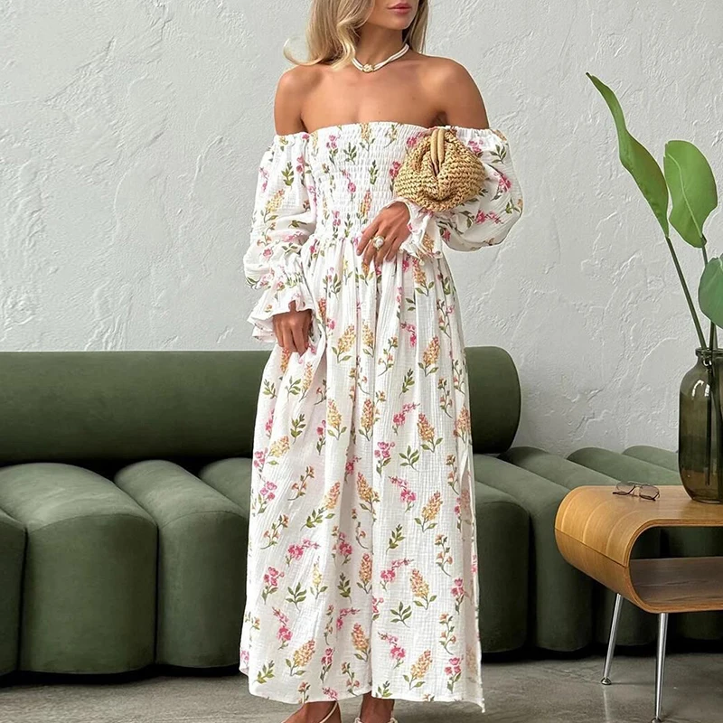 Robe longue plissée à manches lanterne pour femmes, imprimé floral, fendue, décontractée, sexy, mode, vacances, automne, 2024