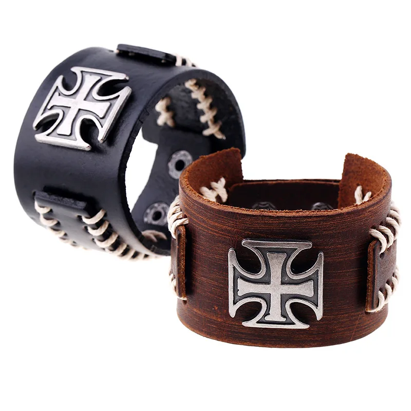 Retro Templar Cross Leather Bracelet Personality Men's Punk Motorcycle Accessories Gift Mens Charm Jewelry Cowhide Bracelets