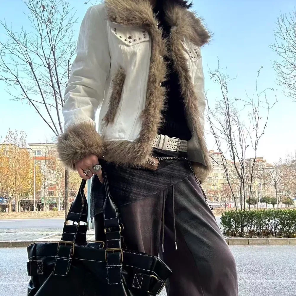 Fur Collar Patchwork American Vintage Coat Warm Thicked Casual All-match Jacket Slim Spice Girls High Street Soft Outwear
