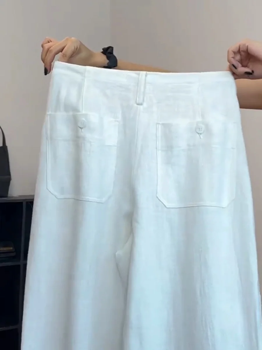 Plones de lino blancos para mujer, plones de pierna ancha informs hoados de lino y aodón fino de verano, p...