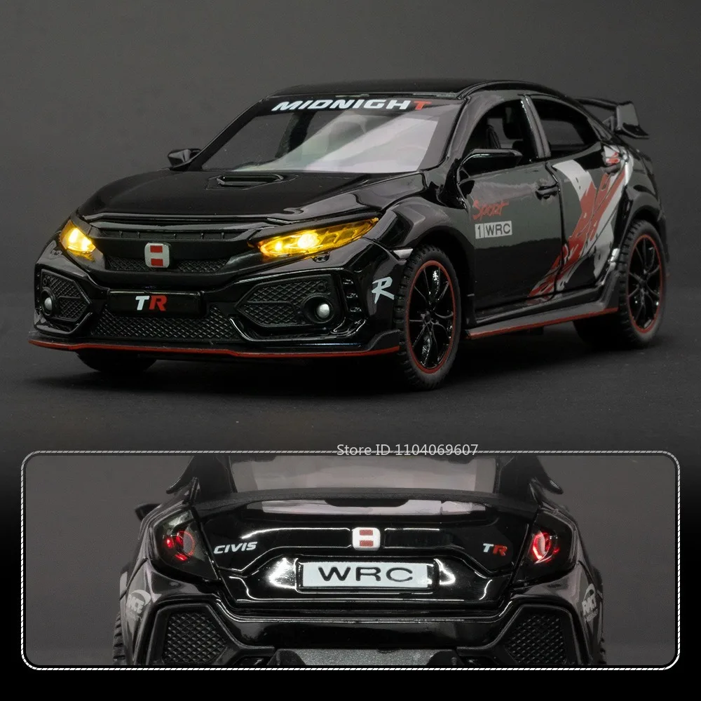 Scale 1:32 CIVIC TYPE-R Car Model Toy Doors Opened Music Light Pull Back Miniature Vehicle Models Deicast Metal Gifts for Kids