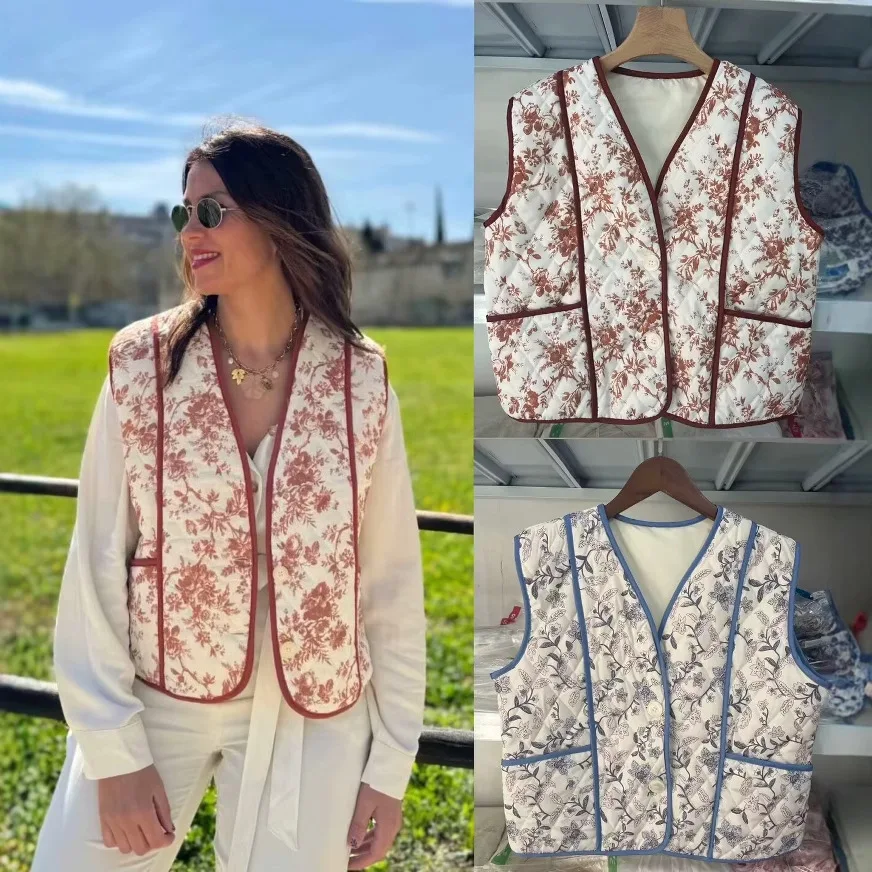 

Retro Printed Vest Tops For Women Elegant Casual Loose Sleeveless Single-breasted Cardigan Thin Waistcoat Jacket 2025 New Autumn