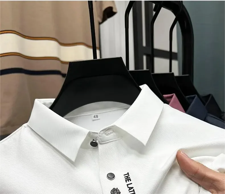 Summer Business Casual High-End Quality Short Sleeve Polo Shirt Solid Color Ice Silk Elasticity Printing Lapel Collar Clothing