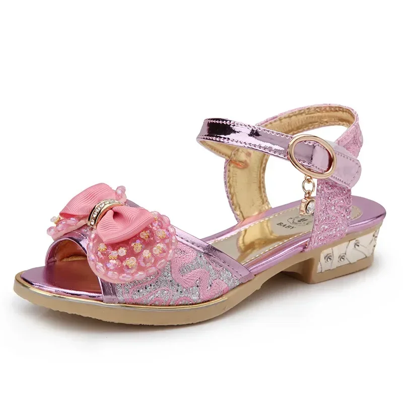 Girls Princess Shoes Summer Children High Heels Open-toe Party Wedding Toddlers Sandals Non-slip Kids Causal Sequins Beach Shoes