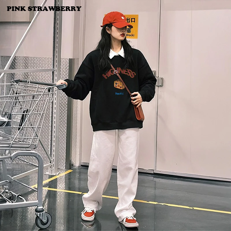 Love Heart Print Plush Sweatshirt Women Autumn Winter 2025New Oversize O-Neck Black Loose Pullover Hoodie Y2KTop Ladies clothing