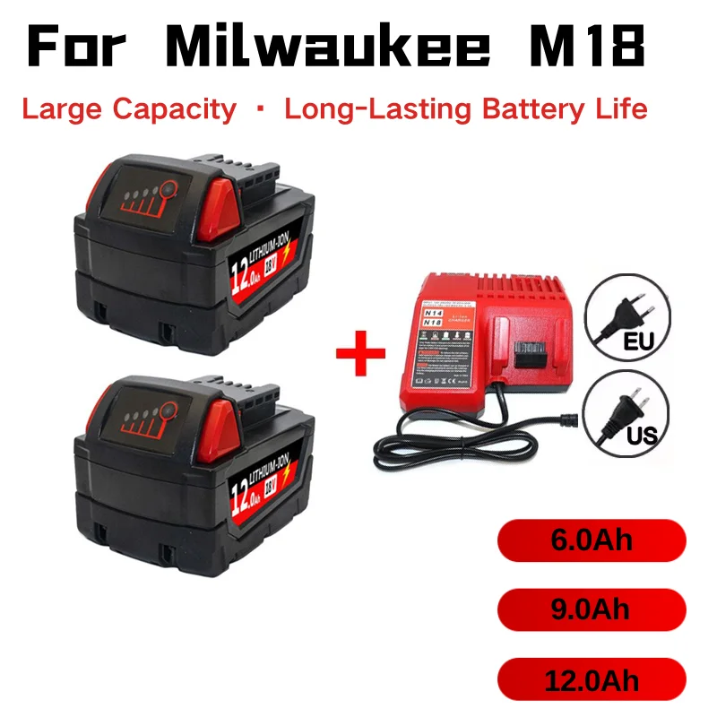 

For Milwaukee M18 Power Tool Battery, Charger, BR, XC, 18V, 6000mAh M18B5, 48-11-1860, Built-in 18650 Battery12.0Ah