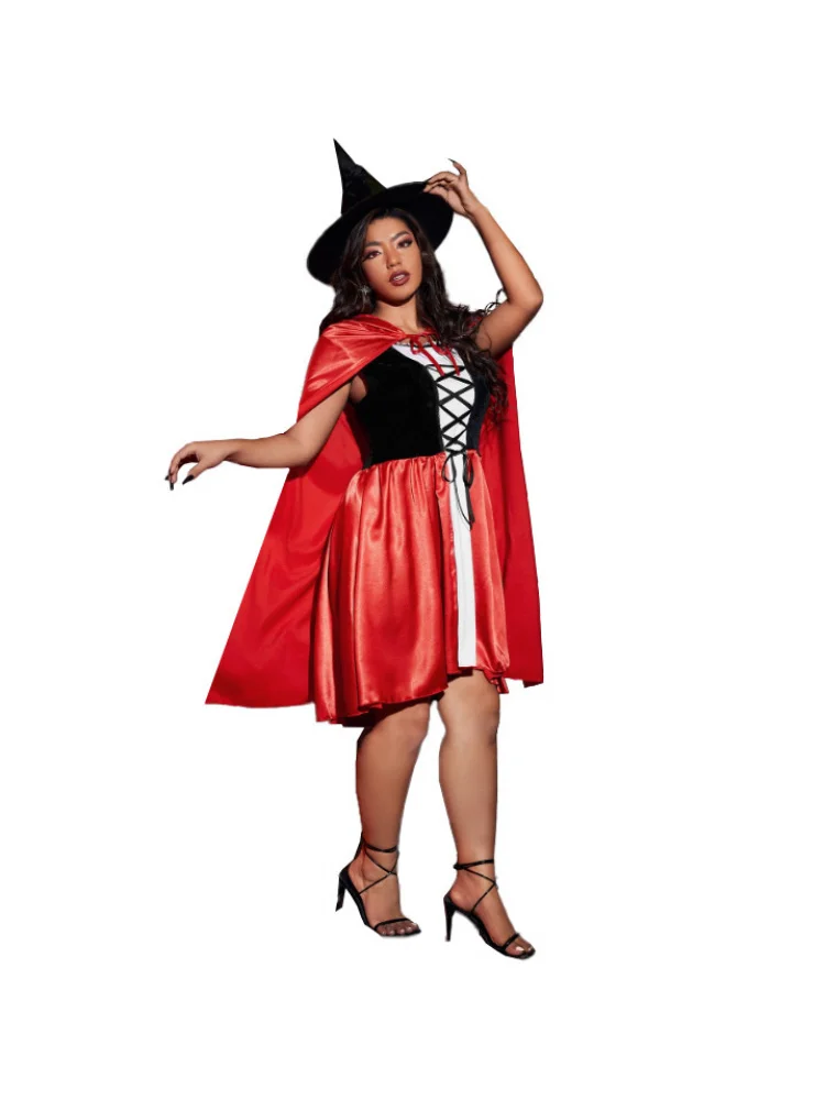 

Костюм ведьмы больших размеров, красная шляпа, Красная Шапочка, Хэллоуин, сценический костюм для выступлений, женский традиционный китайский ...