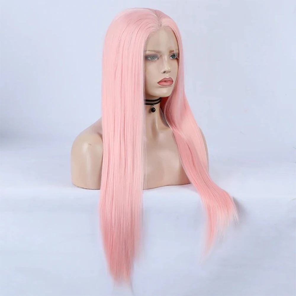 وردي فاتح طويل مستقيم الاصطناعية الدانتيل الباروكة أمامي الباستيل الوردي شعر مستعار طويل الحرير مستقيم الباروكات الدانتيل الشعر للنساء حزب تأثيري #4