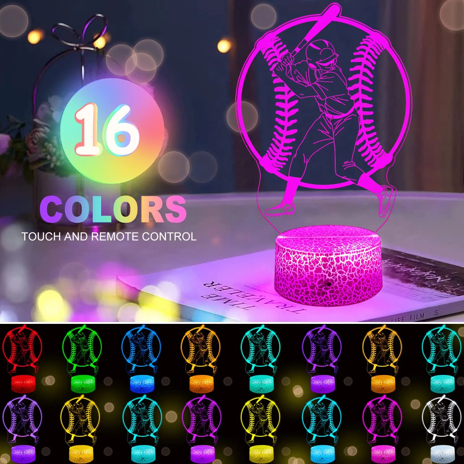 Luz nocturna de béisbol, regalos geniales de béisbol, 16 colores que cambian, mesita de noche, decoración de béisbol, lámpara de cumpleaños, fiesta