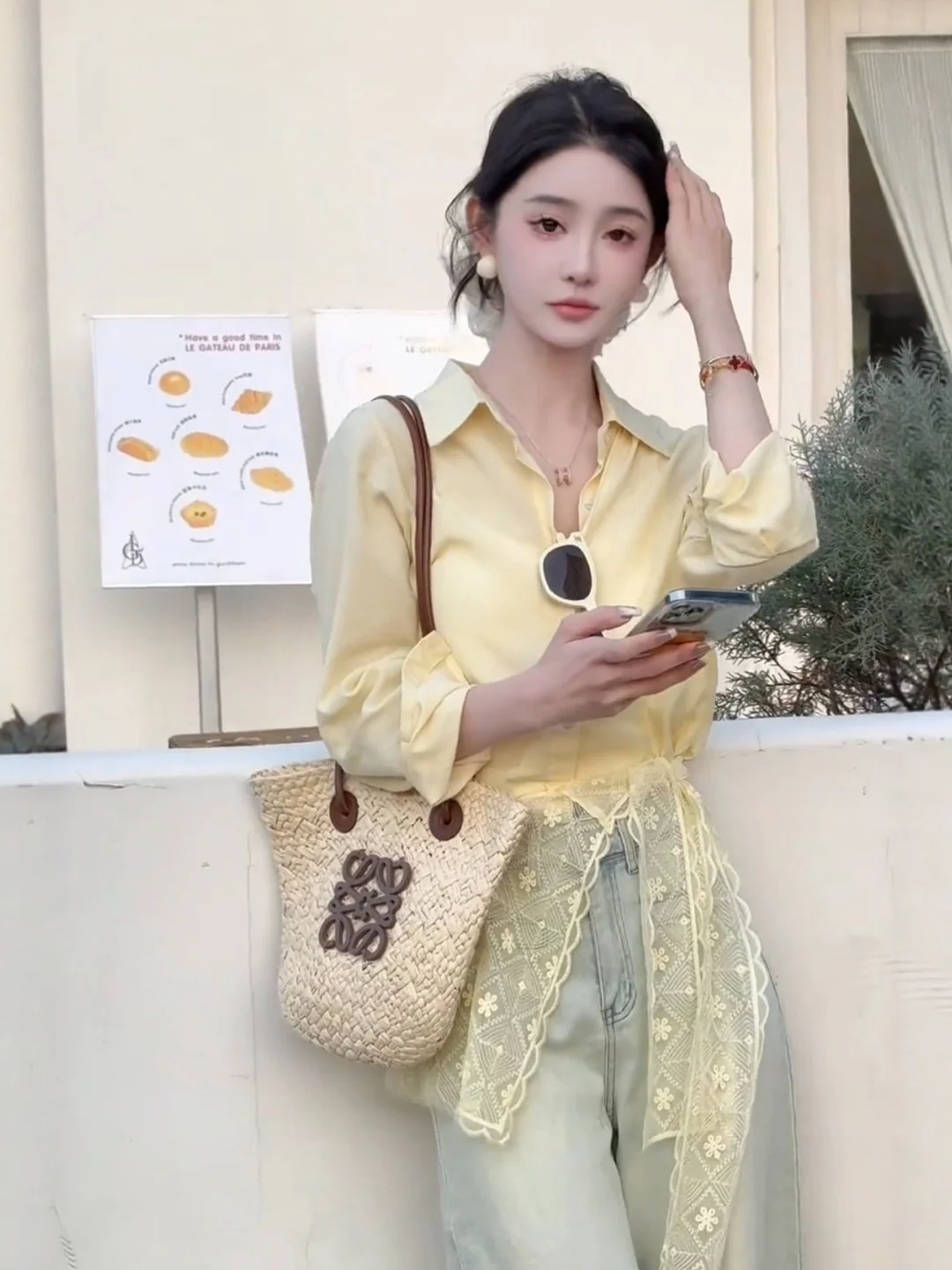 

Yellow Lace Long Sleeve Shirt Women's Spring Loose Lazy Slimming Shirt Elegant Beautiful Top French Style No Brand