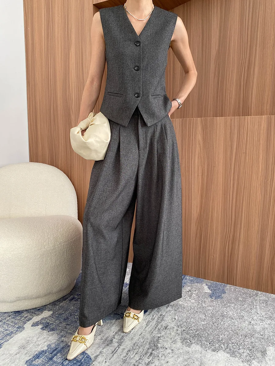 

Spring women's casual solid color V-neck vest+high waist loose wide leg pants set