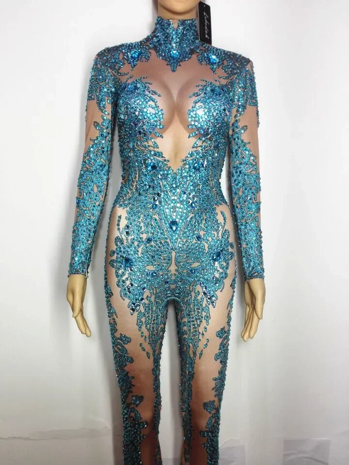 Jumpsuit kristal Rhinestones Leotard kostum seksi Bar klub malam wanita penyanyi pesta dansa pertunjukan pakaian panggung 7 warna