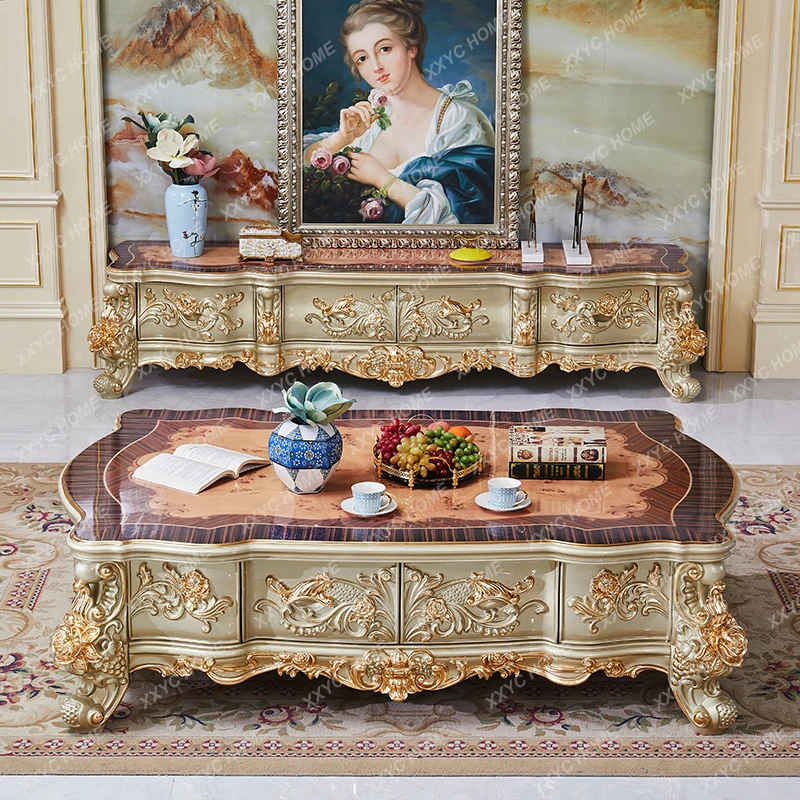 all-solid wood TV cabinet coffee table combination court floor cabinet champagne gold sticker