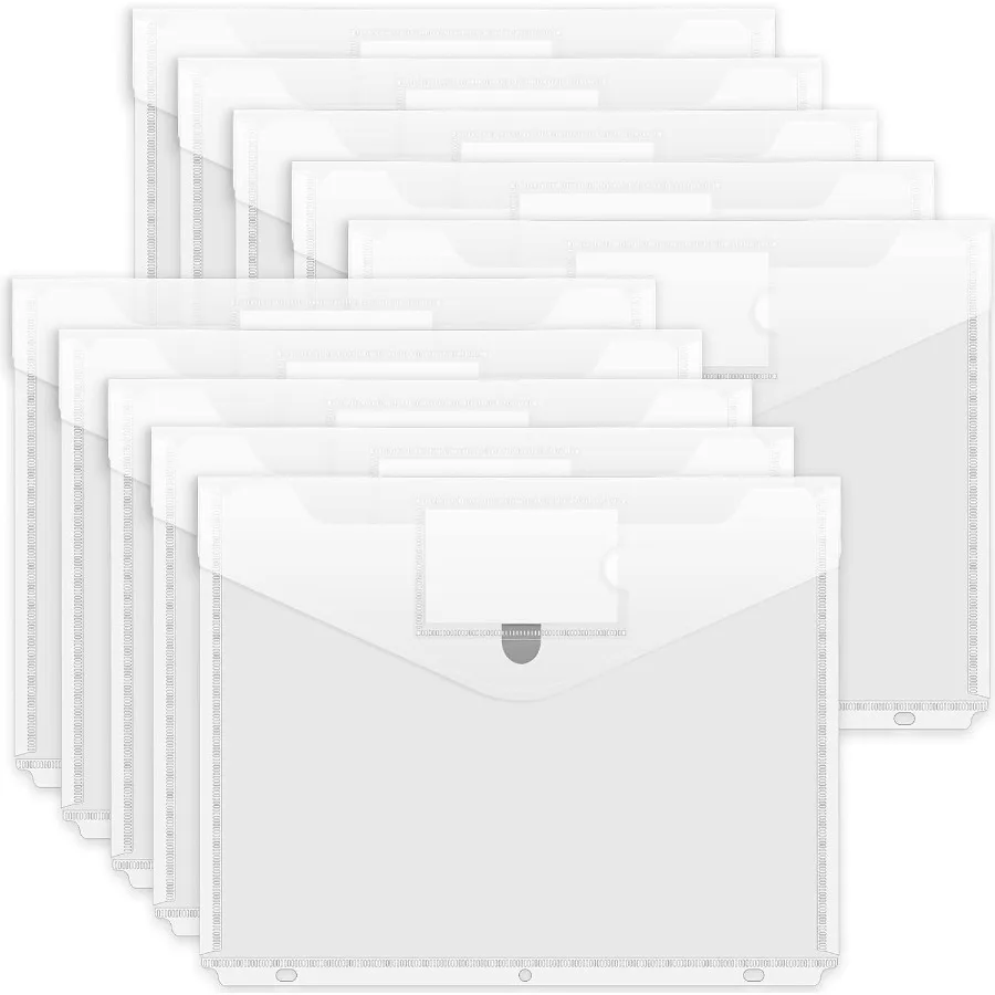 Binder Pocket 10 Pack Super Heavyweight Plastic Folde dengan Penutup Rapat Folde dengan Kantong Pengorganisir Binder Sisi Bukaan